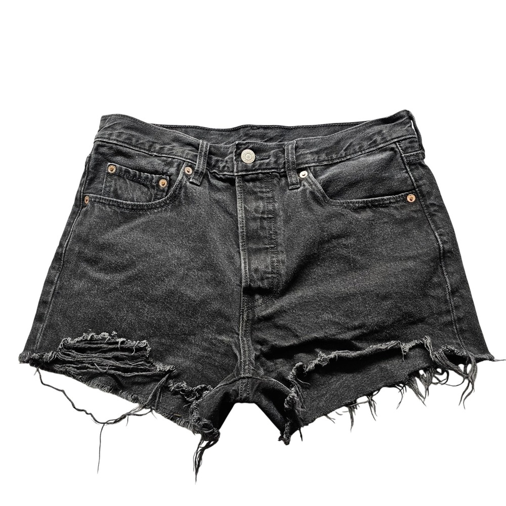 Levis Premium 501 Original Cut Off Shorts Womens 31 Black Distressed Denim High